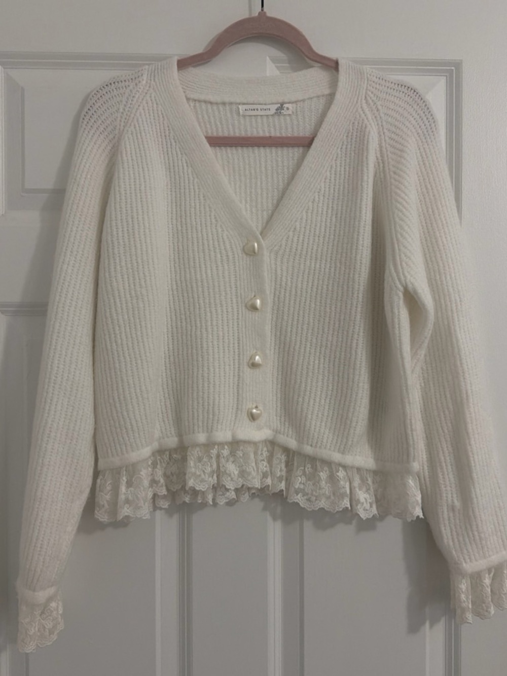 Altar'd State Cream Lace-Hem Cardigan with Pearl Buttons